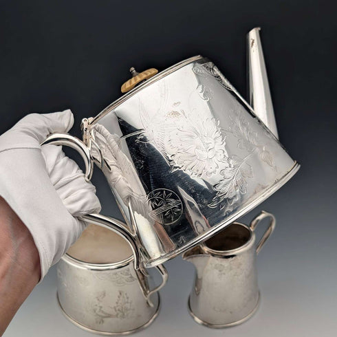 Juego de té de 3 piezas de plata chapada, antigüedades británicas, GRAINGER & CAMPBELL