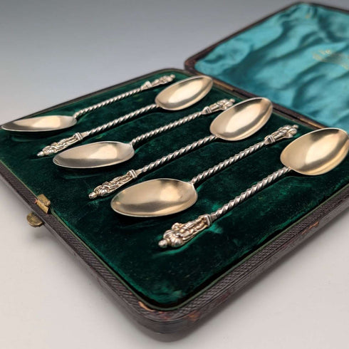 Juego de 6 cucharillas de té de plata de ley, antiguas inglesas, de 1891, diseño de apóstoles, peso total 50 g, en estuche, por George Unite