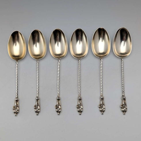 Juego de 6 cucharillas de té de plata de ley, antiguas inglesas, de 1891, diseño de apóstoles, peso total 50 g, en estuche, por George Unite