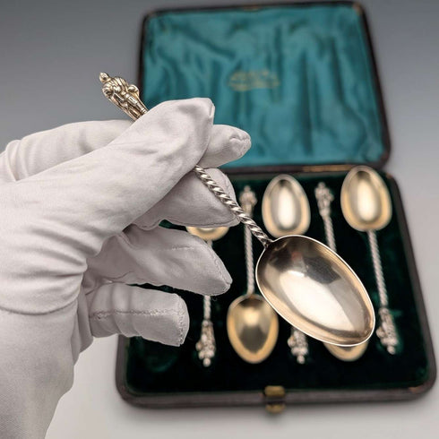 Juego de 6 cucharillas de té de plata de ley, antiguas inglesas, de 1891, diseño de apóstoles, peso total 50 g, en estuche, por George Unite