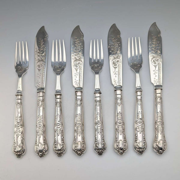 1909 British Antique Sterling Silver Handle Fish Cutlery 4 Pair Harrison Fisher