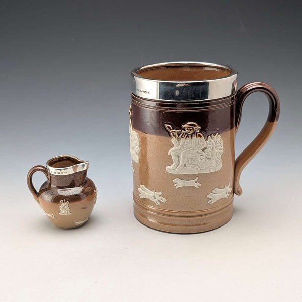 1900년경 영국 앤틱 순은 장식 도자기 머그컵 & 미니 크림 저그 Mappin&Webb