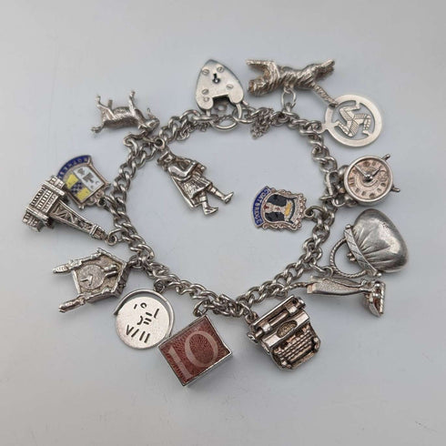 British vintage sterling silver charm bracelet, 48g, padlock clasp