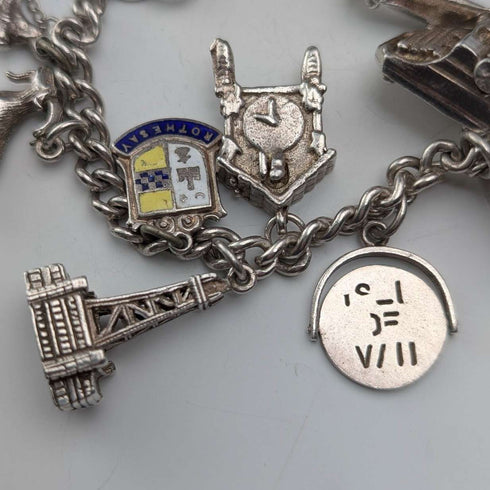 British vintage sterling silver charm bracelet, 48g, padlock clasp