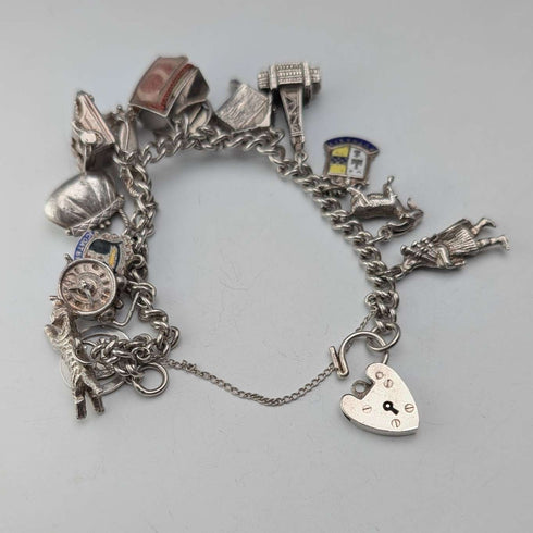 British vintage sterling silver charm bracelet, 48g, padlock clasp