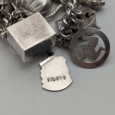 British vintage sterling silver charm bracelet, 48g, padlock clasp