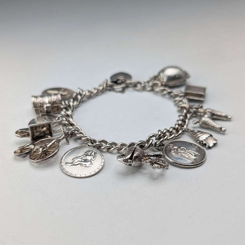 1962 British Vintage Sterling Silver Charm Bracelet 48g Padlock Clasp WJS