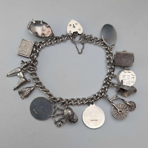 1962 British Vintage Sterling Silver Charm Bracelet 48g Padlock Clasp WJS