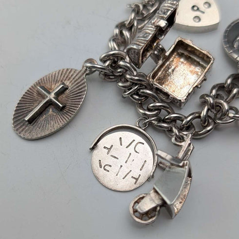 1962 British Vintage Sterling Silver Charm Bracelet 48g Padlock Clasp WJS