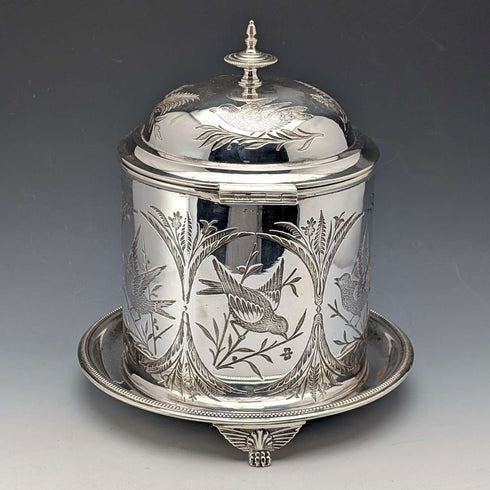 Antique British silver plated biscuit barrel with bird decoration