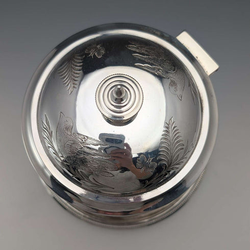 Antique British silver plated biscuit barrel with bird decoration