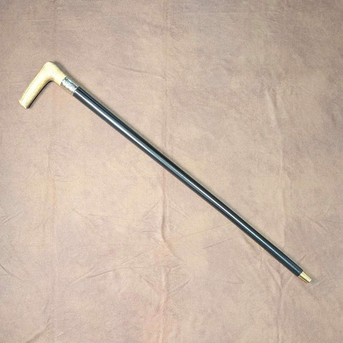 Circa 1900 British antique black shaft L-shaped antler handle walking stick 75cm