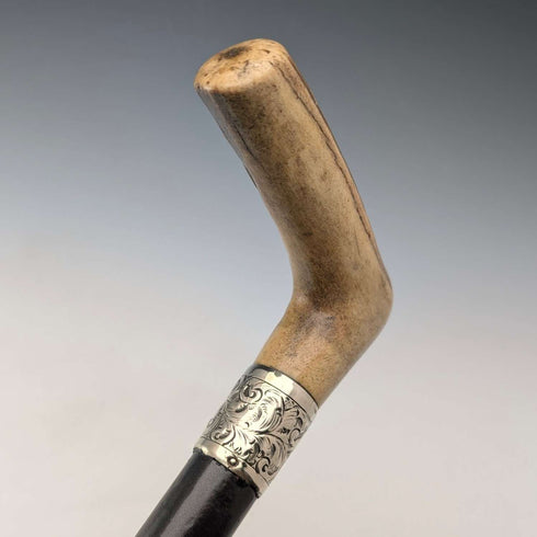 Circa 1900 British antique black shaft L-shaped antler handle walking stick 75cm
