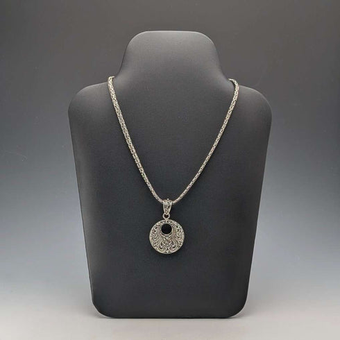 Vintage sterling silver pendant & sterling silver Byzantine chain necklace, total weight 47g, SUARTI