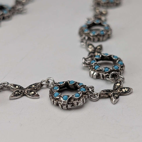 Collar vintage de plata de ley con decoración de cristal turquesa y marcasita, 23 g