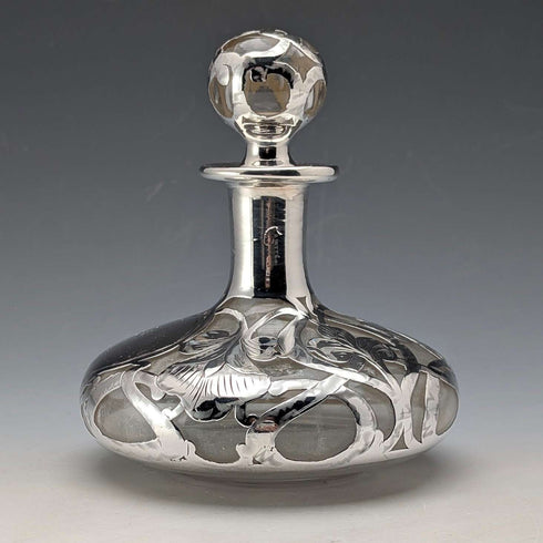 Antique American Art Nouveau Silver Overlay Glass Perfume Bottle