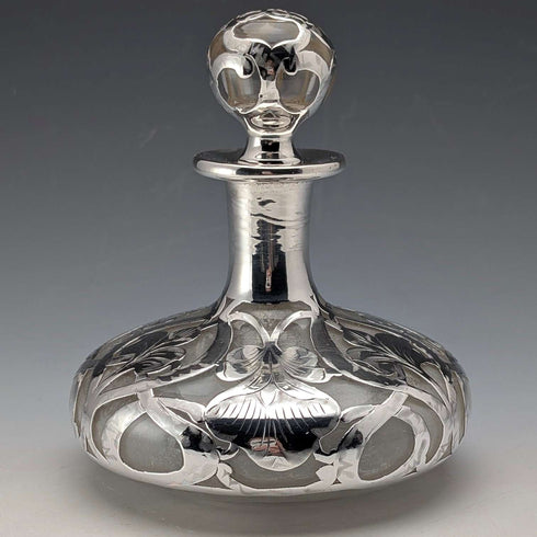 Antique American Art Nouveau Silver Overlay Glass Perfume Bottle
