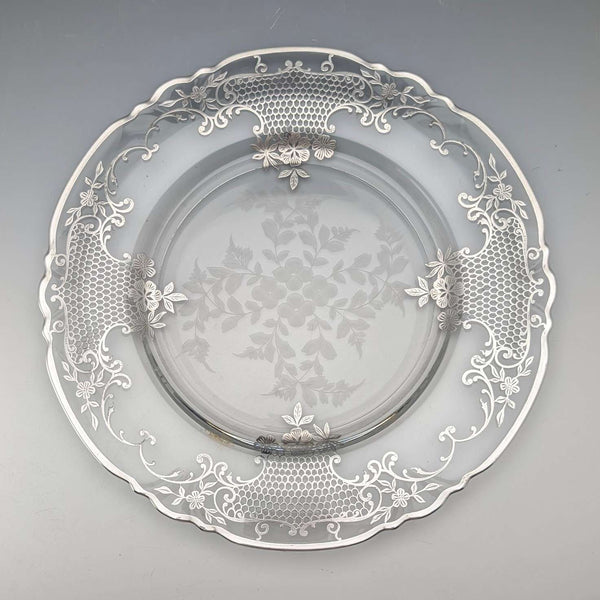美国古董 银包覆花卉装饰 玻璃盘 直径27cm