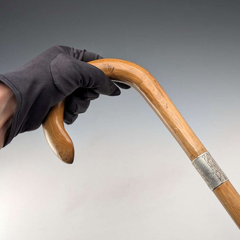 1923 British antique tan shaft, curved handle, pure silver decoration, walking stick, 91cm, K&S