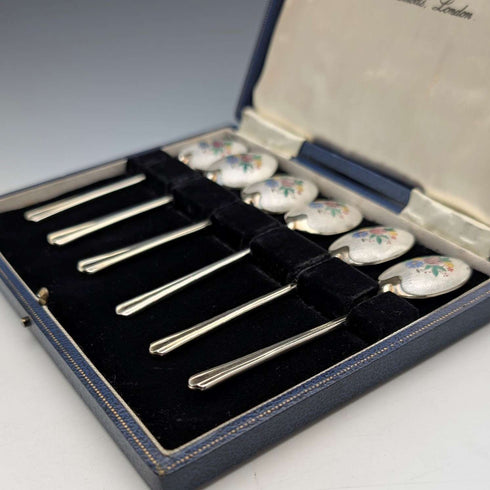 1954年 英国ヴィンテージ エナメル装飾 純銀製 コーヒースプーン6本セット 計72g Turner&Simpson ケース入