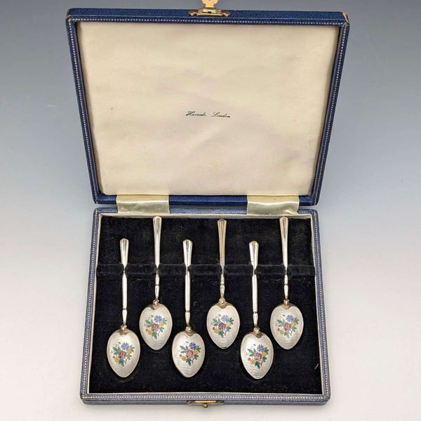 1954年 英国ヴィンテージ 珐琅装饰纯银咖啡勺6件套,总重71g,Turner&Simpson出品,附原装盒