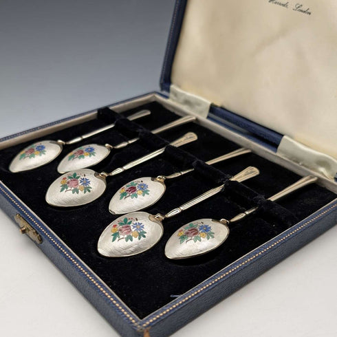 Juego de 6 cucharillas de café de plata esterlina con decoración de esmalte, vintage británico de 1954, 71 g en total, Turner & Simpson, en estuche.