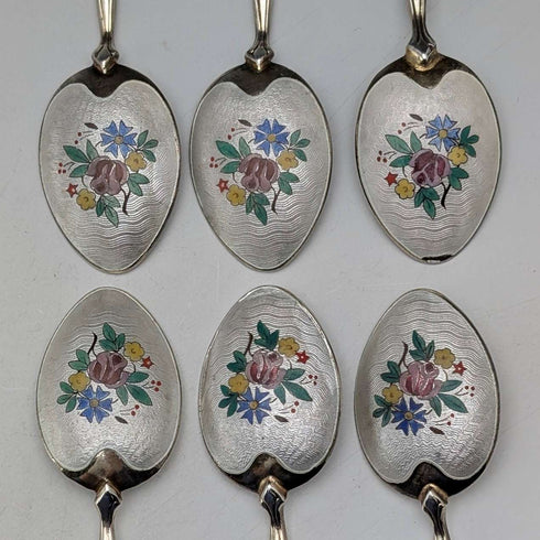 Juego de 6 cucharillas de café de plata esterlina con decoración de esmalte, vintage británico de 1954, 71 g en total, Turner & Simpson, en estuche.