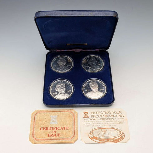 1977年 英国产纯银制银禧纪念克朗银币4枚套组,总重113克,带盒,Pobjoy Mint铸造