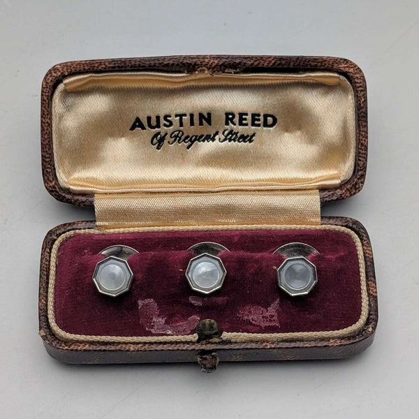 영국 빈티지 순은 & 백접패 셔츠 스터드 버튼 3개 세트 AUSTIN REED 케이스 포함