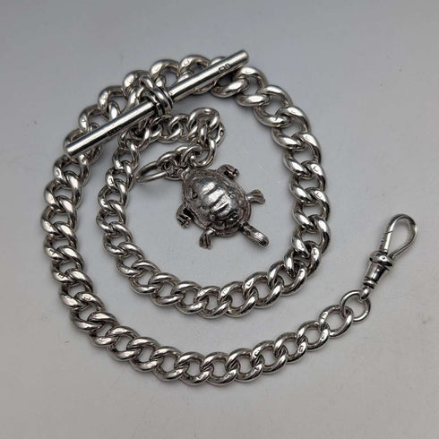 Cadena Albert de plata esterlina, extra gruesa, antigua británica de alrededor de 1900, 71 g, con dije de tortuga