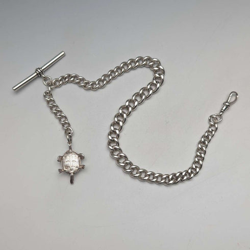 Cadena Albert de plata esterlina, extra gruesa, antigua británica de alrededor de 1900, 71 g, con dije de tortuga