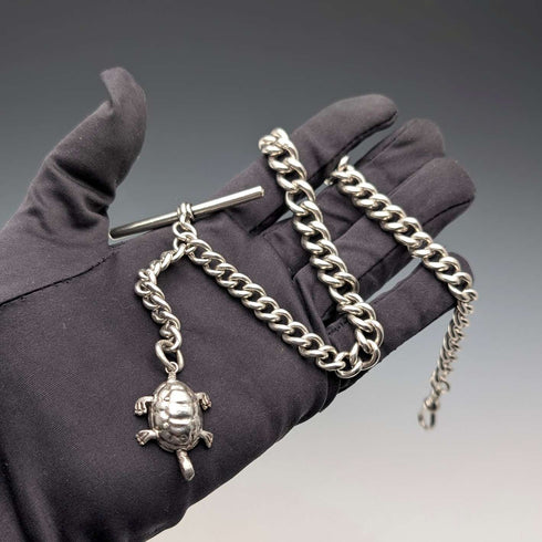 Cadena Albert de plata esterlina, extra gruesa, antigua británica de alrededor de 1900, 71 g, con dije de tortuga