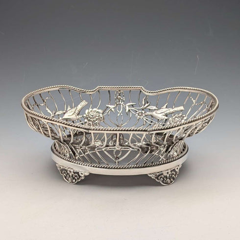 1907年 英国古董 花鸟装饰纯银碗/盘 378g William Comyns