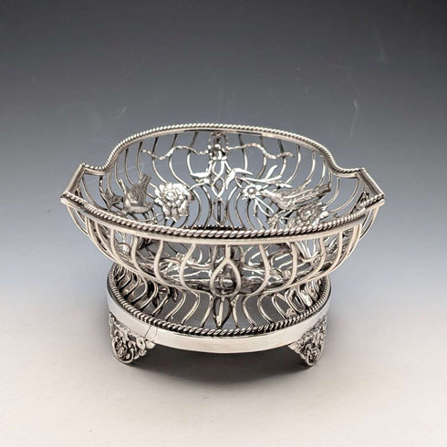 1907年 英国古董 花鸟装饰纯银碗/盘 378g William Comyns