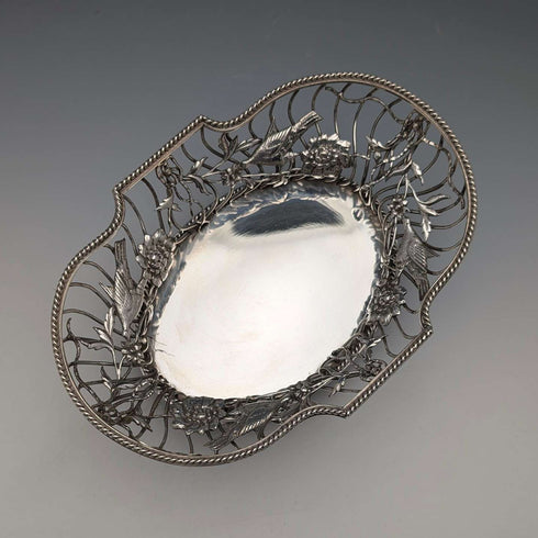 1907年 英国古董 花鸟装饰纯银碗/盘 378g William Comyns