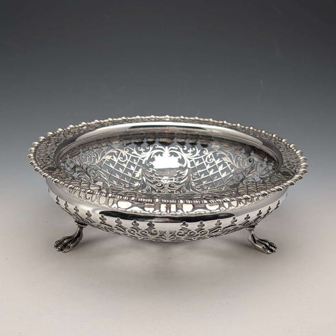 1911年 英国古董 镂空装饰 纯银带足水果碗 436克 Goldsmiths&Silversmiths