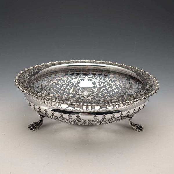 1911年 英国古董 镂空装饰 纯银带足水果碗 436克 Goldsmiths&Silversmiths