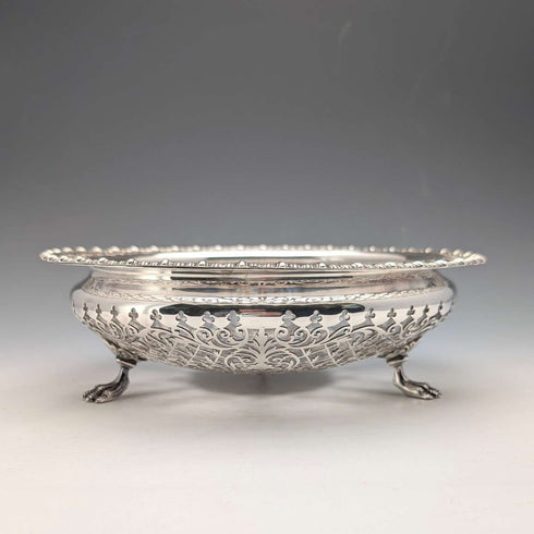 1911年 英国古董 镂空装饰 纯银带足水果碗 436克 Goldsmiths&Silversmiths
