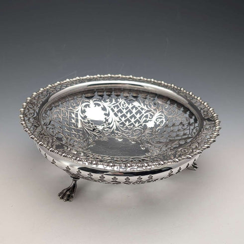 1911年 英国古董 镂空装饰 纯银带足水果碗 436克 Goldsmiths&Silversmiths