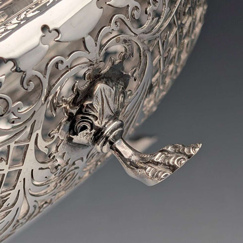1911年 英国古董 镂空装饰 纯银带足水果碗 436克 Goldsmiths&Silversmiths