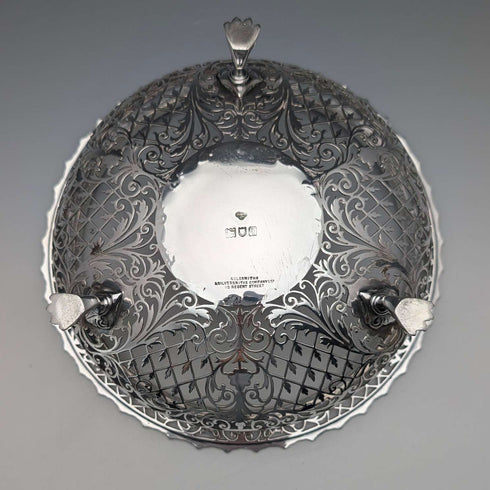 1911年 英国古董 镂空装饰 纯银带足水果碗 436克 Goldsmiths&Silversmiths