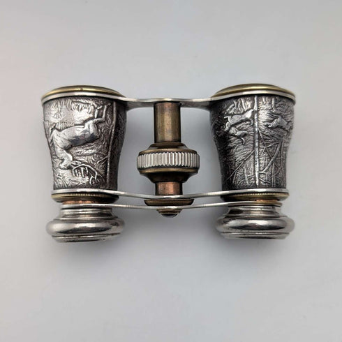Circa 1900 Antique Silver Plate Hunting Decoration Opera Glasses Binoculars