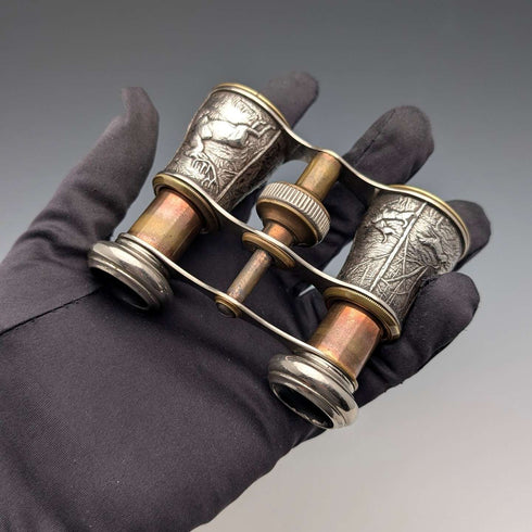 Circa 1900 Antique Silver Plate Hunting Decoration Opera Glasses Binoculars