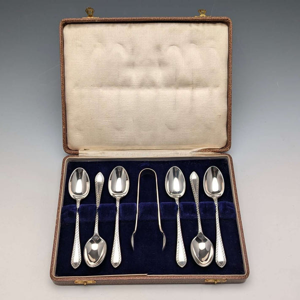 Juego de 6 cucharillas de té y pinzas para azúcar de plata de ley antigua británica de 1910, 100 g en total, en estuche, Joseph Rodgers & Sons