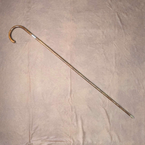 1930년경 영국 빈티지 브라운 샤프트 굽은 핸들 순은 장식 스틱 지팡이 89cm