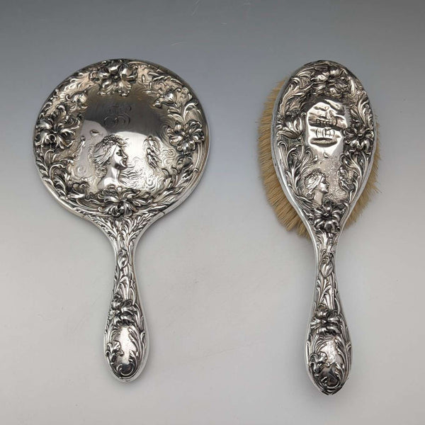约1900年 美国古董 纯银新艺术风格装饰 发刷及手镜 Foster&Bailey