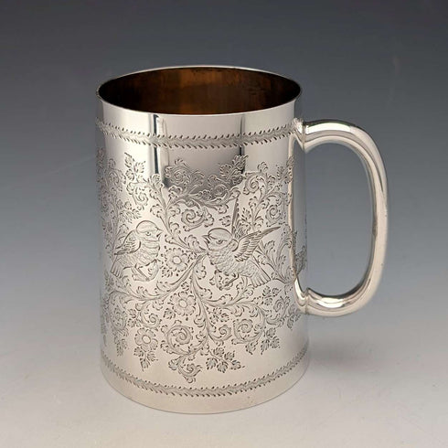 1906년 영국 앤틱 순은제 화조 장식 머그컵 187g George Edward&Sons