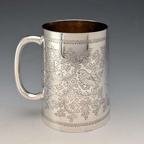 1906년 영국 앤틱 순은제 화조 장식 머그컵 187g George Edward&Sons