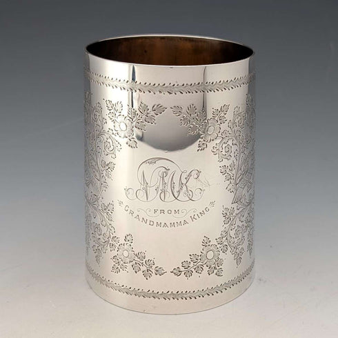 1906년 영국 앤틱 순은제 화조 장식 머그컵 187g George Edward&Sons