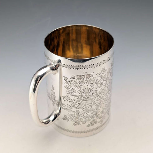 1906년 영국 앤틱 순은제 화조 장식 머그컵 187g George Edward&Sons